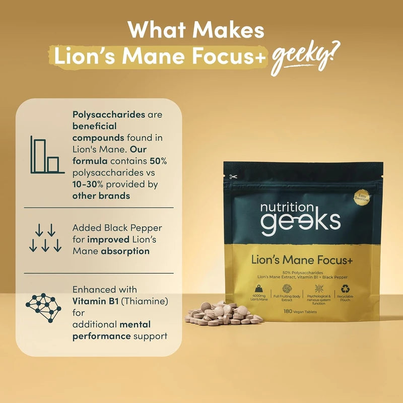 Nutrition Geeks Lion's Mane Focus+ 4000mg Tablets | 3 Months Supply, 180 Vegan Tablets, UK Made