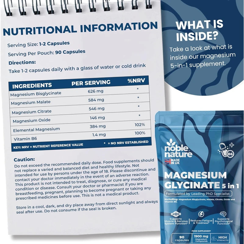 NobleNature 5-in-1 Magnesium Glycinate Max Strength, 90 Capsules