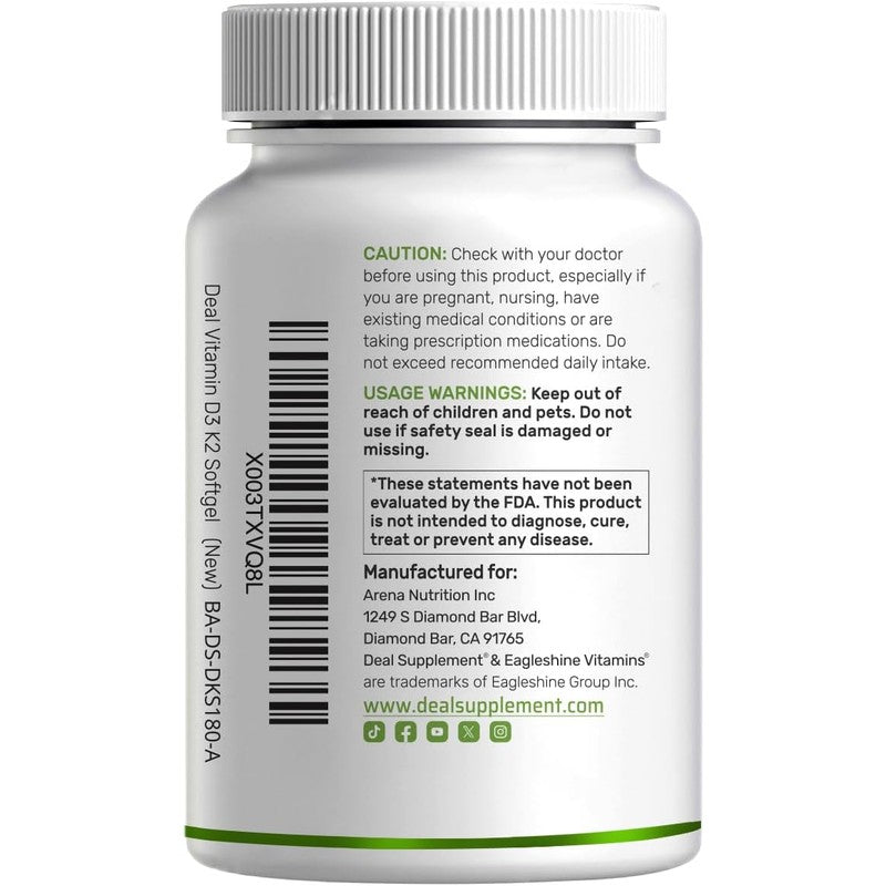 DEAL SUPPLEMENT Vitamin D3 K2 5000IU Softgel, 2-1 Complex, 250 Count