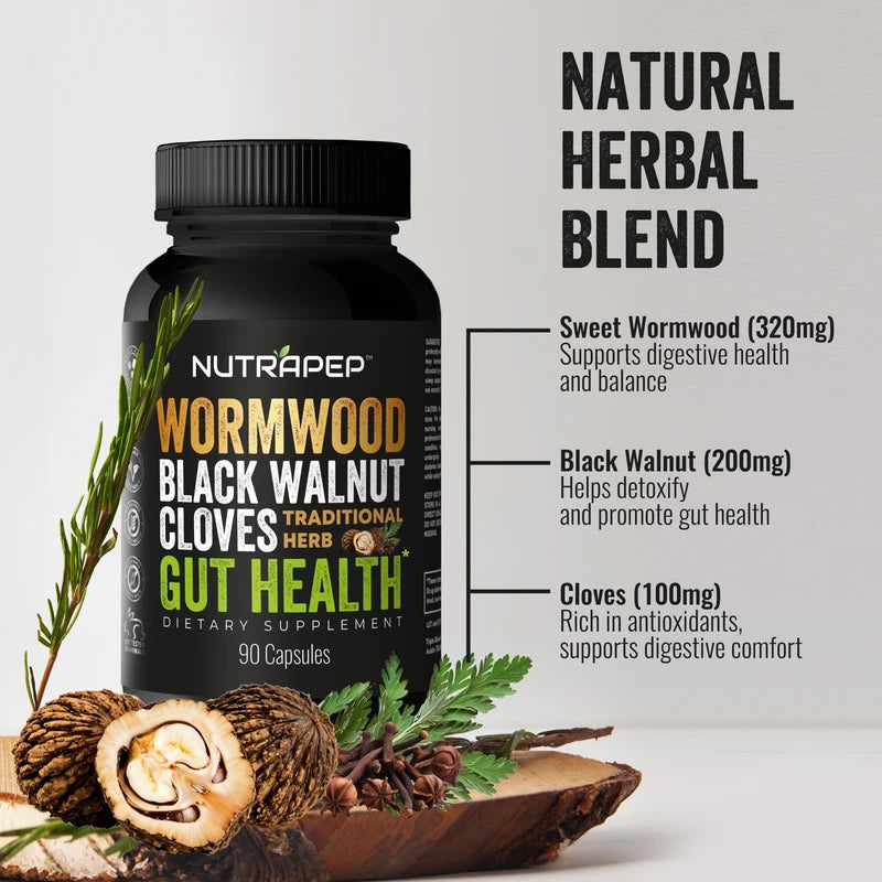 Wormwood, Black Walnut & Clove Capsules – Herbal Digestive & Gut Health Support Supplement, 90 Capsules