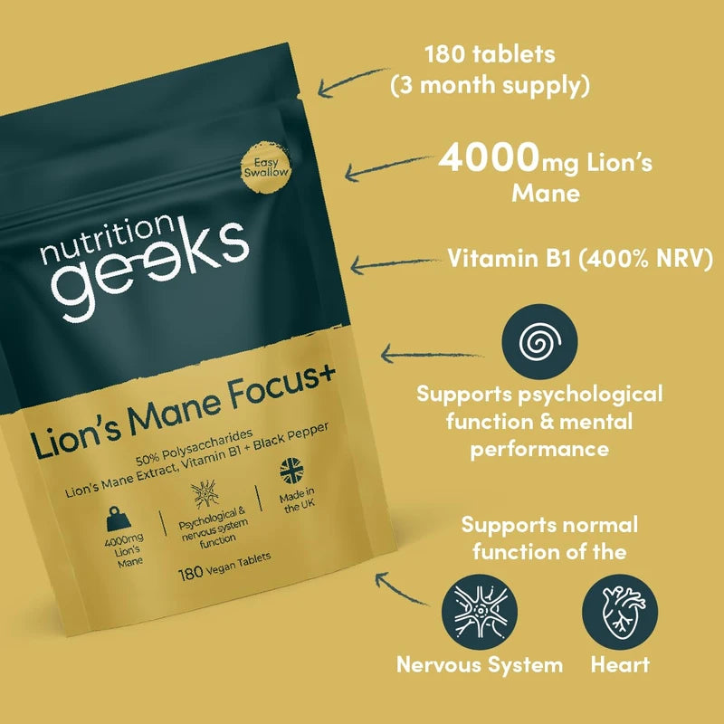 Nutrition Geeks Lion's Mane Focus+ 4000mg Tablets | 3 Months Supply, 180 Vegan Tablets, UK Made