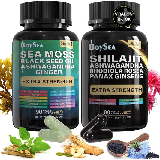 Shilajit and Sea Moss Bundle - 90 Count each - Sea Moss, Black Seed Oil, Ashwagandha, Ginger & Shilajit, Rhodiola Rosea, All in 1 Supplements