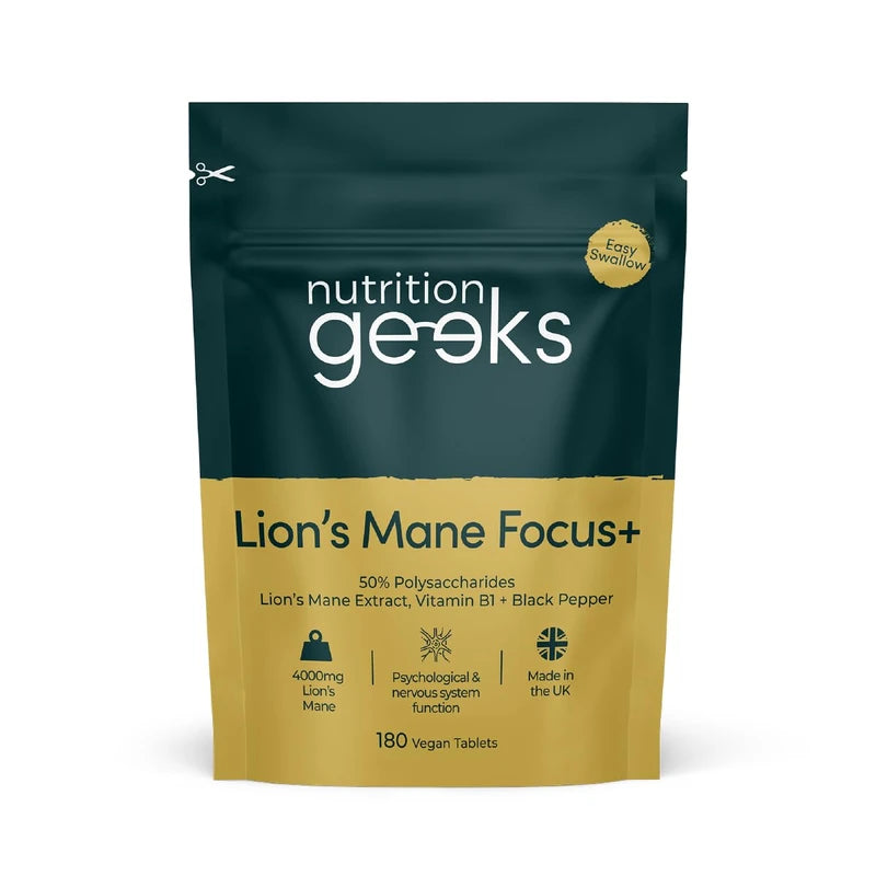 Nutrition Geeks Lion's Mane Focus+ 4000mg Tablets | 3 Months Supply, 180 Vegan Tablets, UK Made