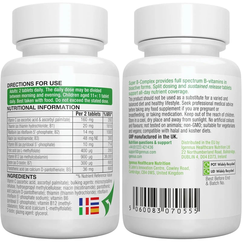 Igennus Methylated Super B-Complex, Vitamin B Complex with Vitamin C & Methylfolate, Sustained Release, 60 Tablets