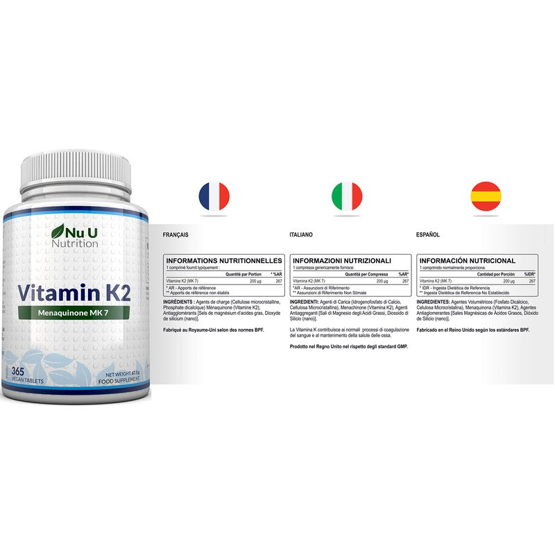 Nu U Nutrition Vitamin K2 MK 7 200mcg - 365 Vegetarian and Vegan Tablets (not Capsules) - One Year Supply of High Strength Vitamin K2 Menaquinone MK7 from Trans-Isomer by Nu U Nutrition