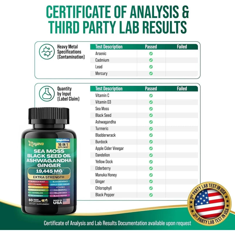 Zoyava Sea Moss 7000mg Black Seed Oil 4000mg Ashwagandha 2000mg Turmeric 2000mg Bladderwrack 2000mg Burdock 2000mg & Ginger Vitamin C Vitamin D3 with Elderberry Manuka Dandelion Yellow Dock Chlorophyll ACV, 60 count