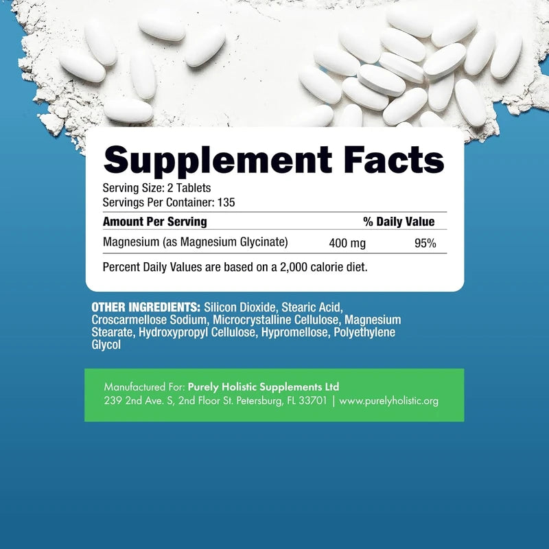 Purely Holistic Magnesium Glycinate 400mg - 270 Magnesium Tablets - for Improved Sleep, Stress Relief & Cramp Defense