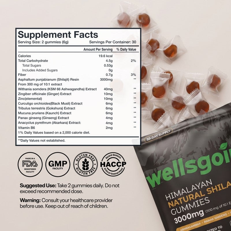 Himalayan Shilajit Gummies – 75% Fulvic Acid, Energy & Vitality Support with Ashwagandha – Daily Wellness Supplement – 60 Gummies