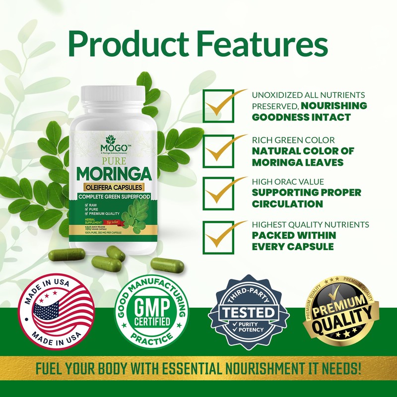 MOGO Organic Moringa Capsules | 100% Pure Single Origin Moringa Leaf Powder Supplement | Nutrient-Rich Vegetarian Green Superfood for Immune System, Energy, Metabolism, & Lactation | 180 Capsules