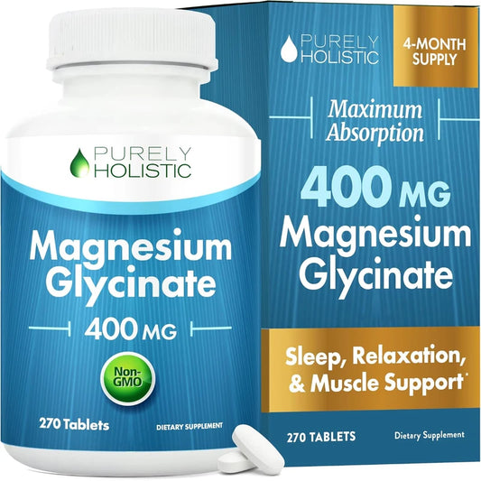 Purely Holistic Magnesium Glycinate 400mg - 270 Magnesium Tablets - for Improved Sleep, Stress Relief & Cramp Defense