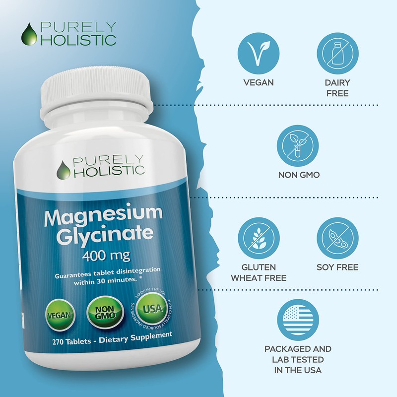 Purely Holistic Magnesium Glycinate 400mg - 270 Magnesium Tablets - 400 mg Elemental Magnesium - Highly Bioavailable - Vegan and Vegetarian - for Improved Sleep, Stress Relief & Cramp Defense