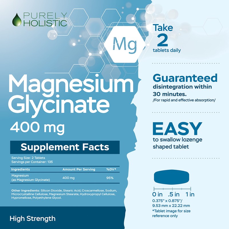 Purely Holistic Magnesium Glycinate 400mg - 270 Magnesium Tablets - 400 mg Elemental Magnesium - Highly Bioavailable - Vegan and Vegetarian - for Improved Sleep, Stress Relief & Cramp Defense