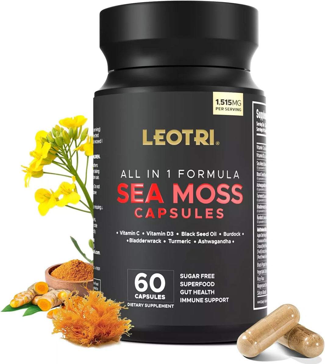 Organic Irish Sea Moss Capsules: Sea Moss 10500mg Black Seed Oil 6000mg Turmeric 3000mg Ashwagandha 3000mg Bladderwrack 3000mg Burdock Root 3000mg Ginger for Skin Gut Health Superfood 60 Capsules