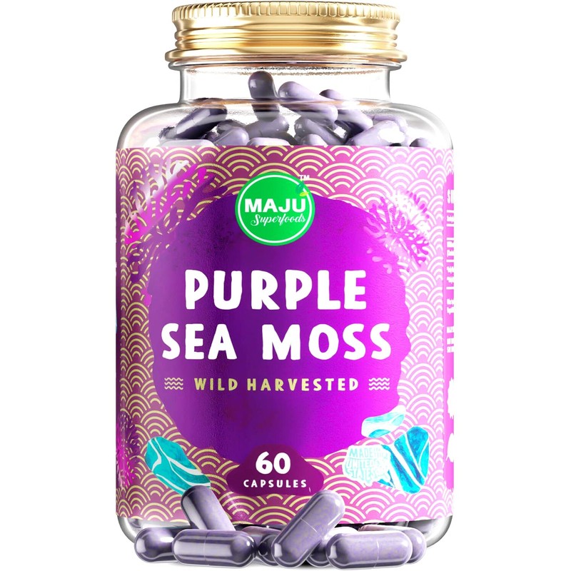 MAJU's Purple Chondrus Crispus Sea Moss Capsules (60 ct), Extra-Strength Purple Minerals, Chondrus Crispus, Stronger Than Gel, Compare to Organic Irish Seamoss Capsule, Wild Harvested Powder Pills