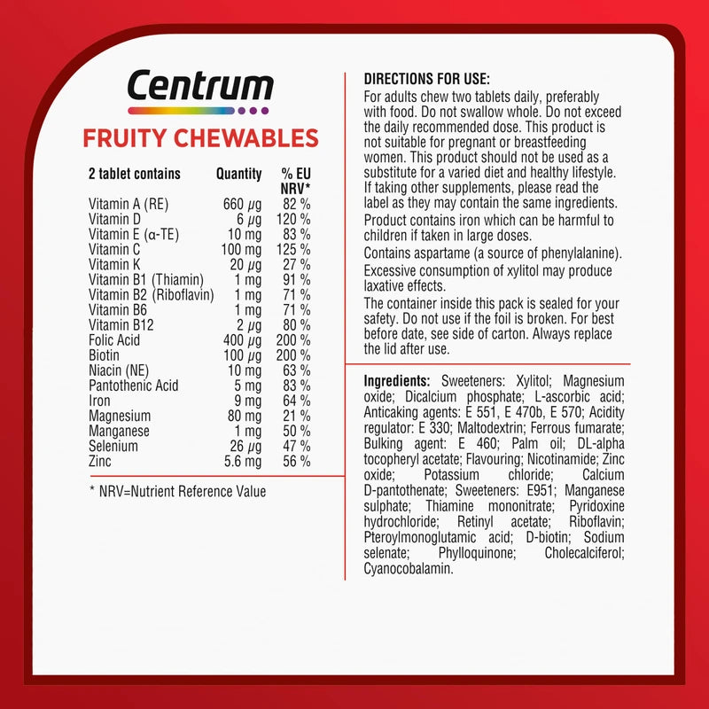 Centrum Fruity Chewables Tablets, Multivitamin Tablets for Men and Women, Vitamins with 13 Essential Nutrients including Vitamin C, D, and Zinc, 30 ct (Packaging and Tablet color may vary slightly)