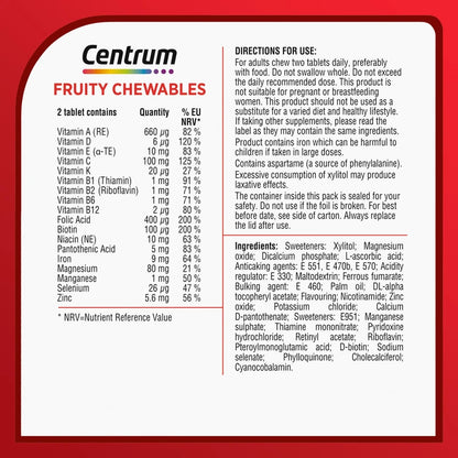 Centrum Fruity Chewables Tablets, Advance Multivitamin & Mineral Tablets, 24 essential nutrients including Vitamin D, Complete Multivitamin Tablets, 30 tablets