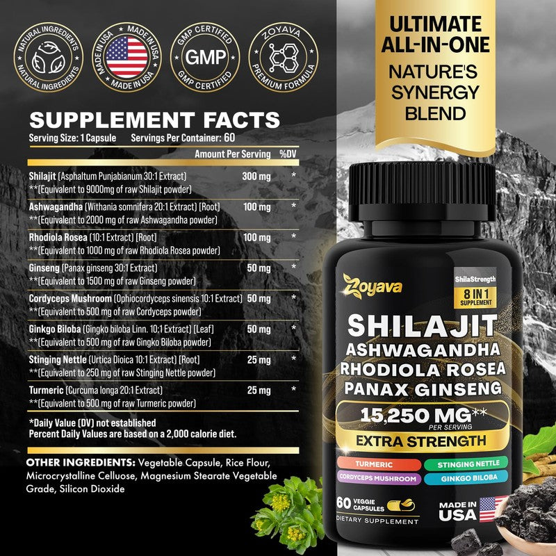 Shilajit 8 in 1 Supplement Capsules, 60 count