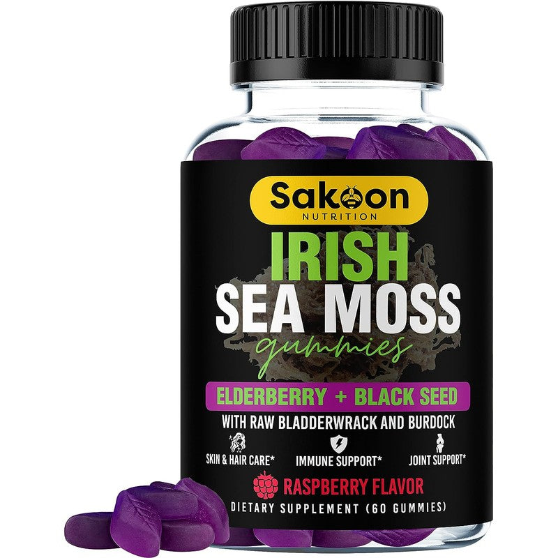 Sakoon Nutrition Irish Sea Moss Gummies with Elderberry & Black Seed Oil, 60 Count, - Promotes Beautiful Skin & Hair, Thyroid Support, Strong Immunity, Rich in Essential Vitamins & Minerals, Delicious Raspberry Taste
