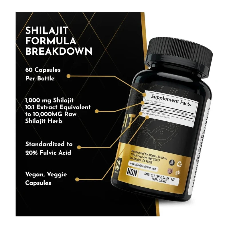 Shilajit Supplement Capsules, 10,000mg Equivalent per Serving, Made in The USA, Shilajit for Men & Women, 60 Capsules