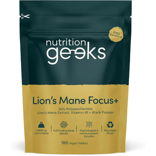 Nutrition Geeks Lion's Mane Focus+ 4000mg Tablets | 3 Months Supply, 180 Vegan Tablets, UK Made