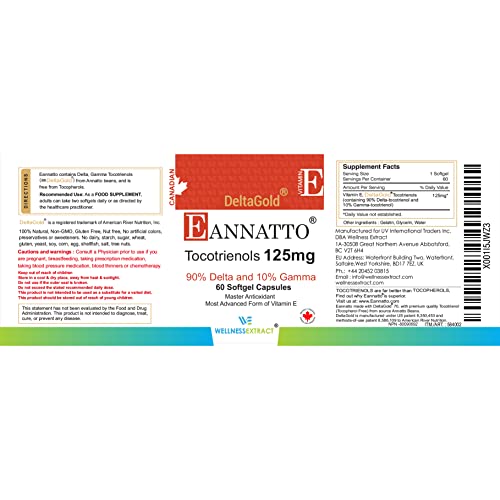 E Annatto Tocotrienols Deltagold 125mg, 60 Softgels, Vitamin E Tocotrienols Supplements, Tocopherol Free, Supports Immune Health & Antioxidant Health (90% Delta & 10% Gamma) (Pack of 1)