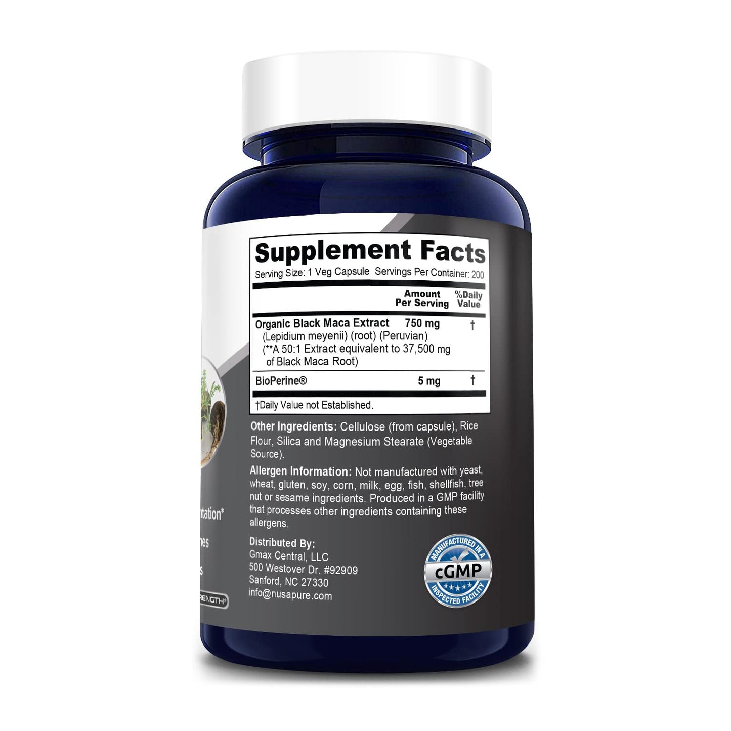 NusaPure Black Maca Root 37,500mg per caps (50:1 Extract) 200 Veggie Capsules (Vegan, Non-GMO, Gluten-Free)