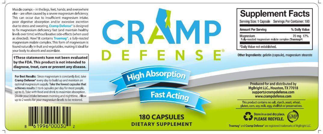 Cramp Defense® Magnesium for Leg Cramps, Muscle Cramps & Muscle Spasms, 180 Capsule Bottle.