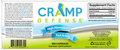 Cramp Defense® Magnesium for Leg Cramps, Muscle Cramps & Muscle Spasms, 180 Capsule Bottle.