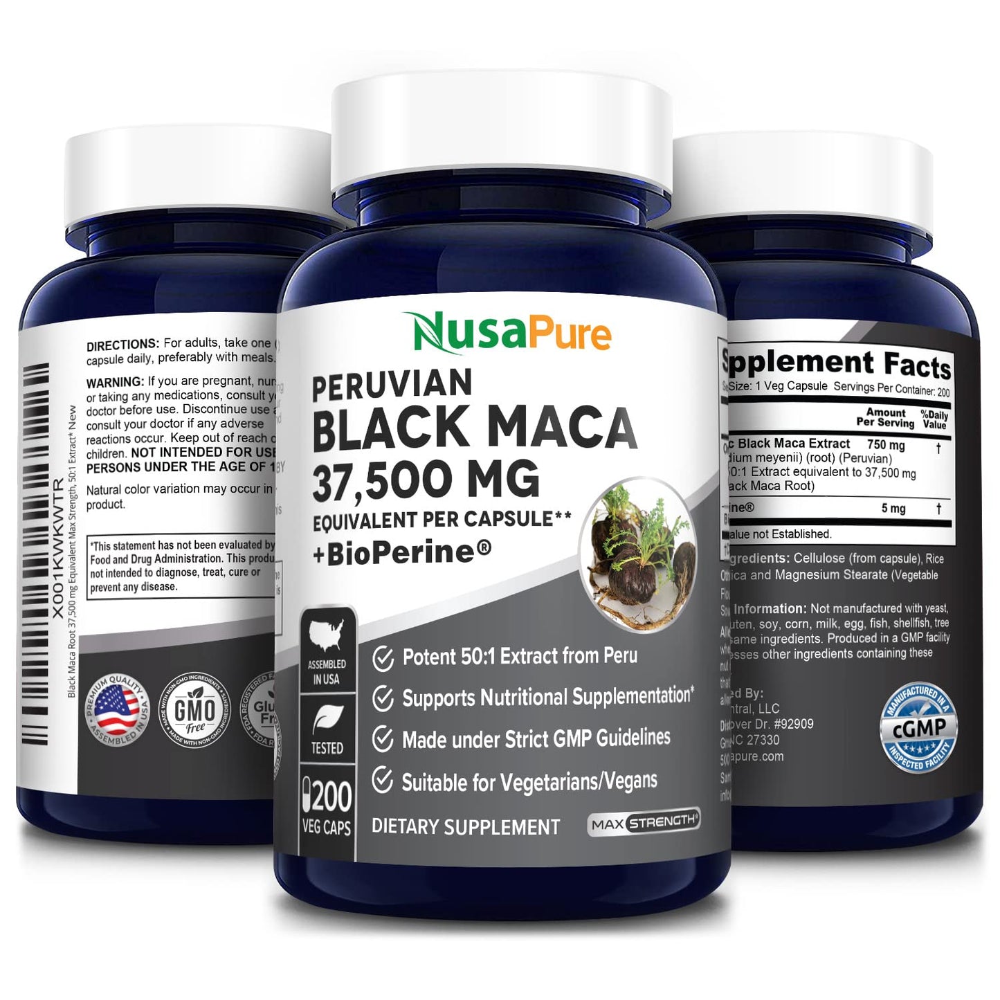 NusaPure Black Maca Root 37,500mg per caps (50:1 Extract) 200 Veggie Capsules (Vegan, Non-GMO, Gluten-Free)