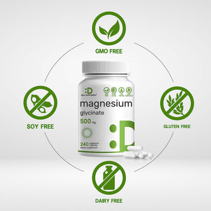 DEAL SUPPLEMENT Magnesium Glycinate 500mg, 240 Veggie Capsules | Chelated for Easy Absorption | Highly Purified Essential Trace Mineral for Muscle, Joint, Heart, & Digestive Health