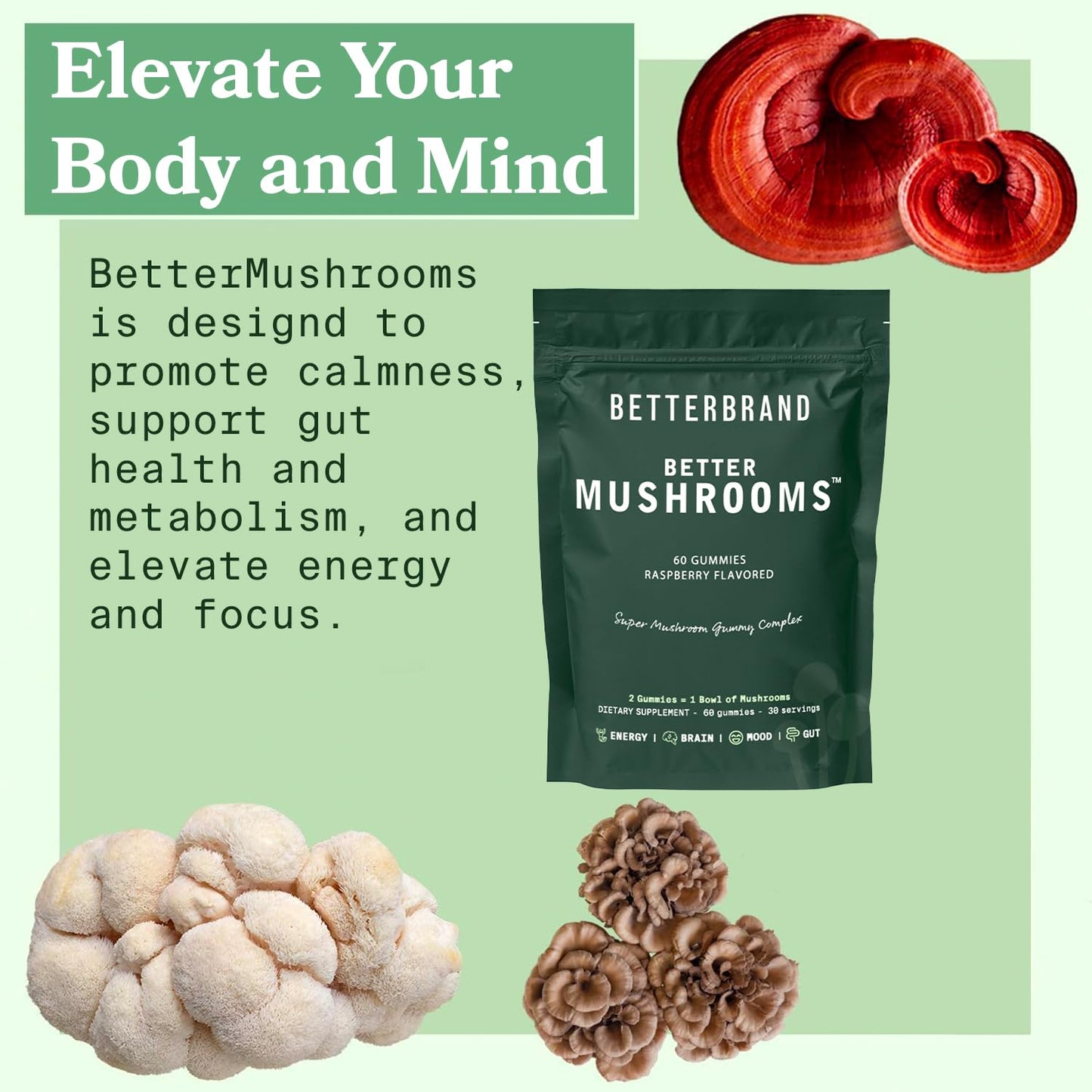 Betterbrand BetterMushrooms Mushroom Gummies to Support Gut Health, Metabolism, Energy, Focus - Lion's Mane, Cordyceps, Chaga & Maitake Mushroom Supplement - Maintains Healthy Immune System