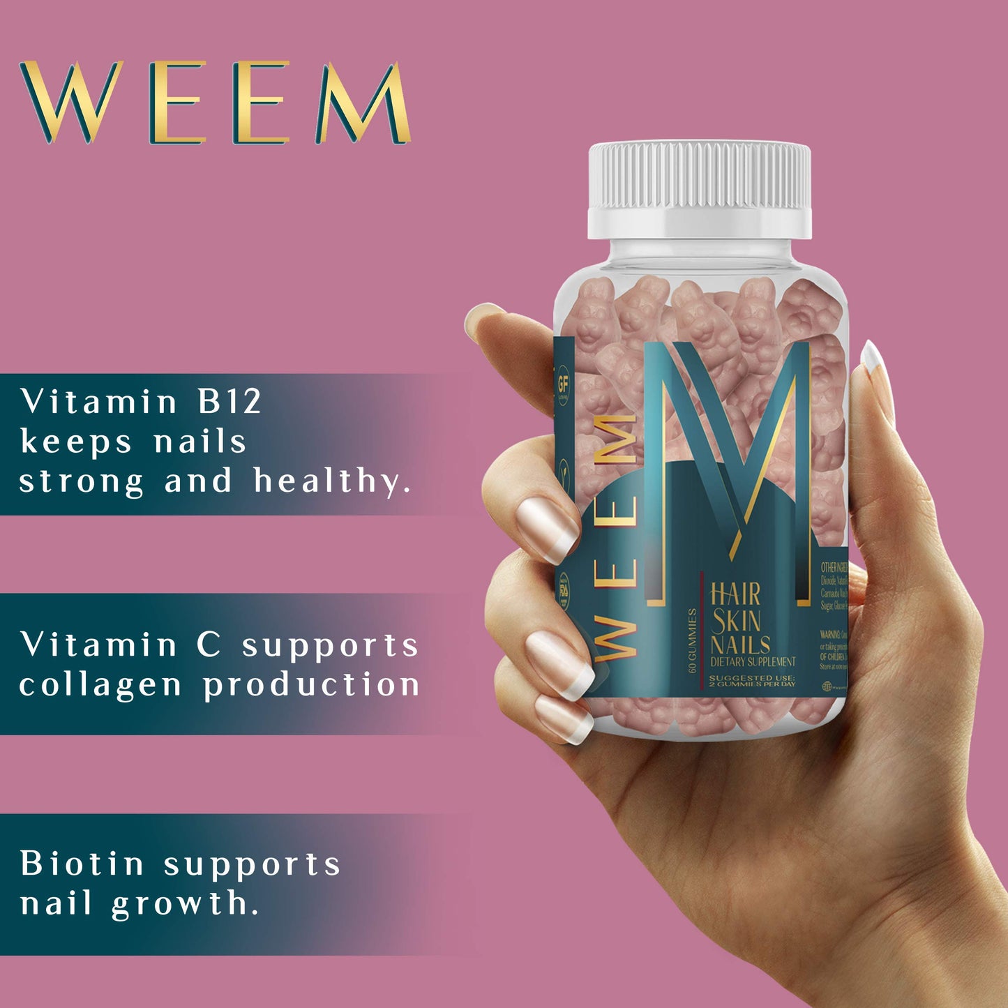 WEEM Hair Skin and Nails Gummies - Supports Healthy Hair - Vegan biotin Vitamins for Women & Men Supports Faster Hair Growth, Stronger Nails, Healthy Skin, Extra Strength 10,000mcg