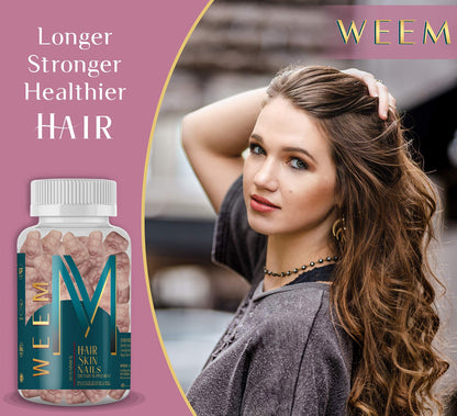 WEEM Hair Skin and Nails Gummies - Supports Healthy Hair - Vegan biotin Vitamins for Women & Men Supports Faster Hair Growth, Stronger Nails, Healthy Skin, Extra Strength 10,000mcg