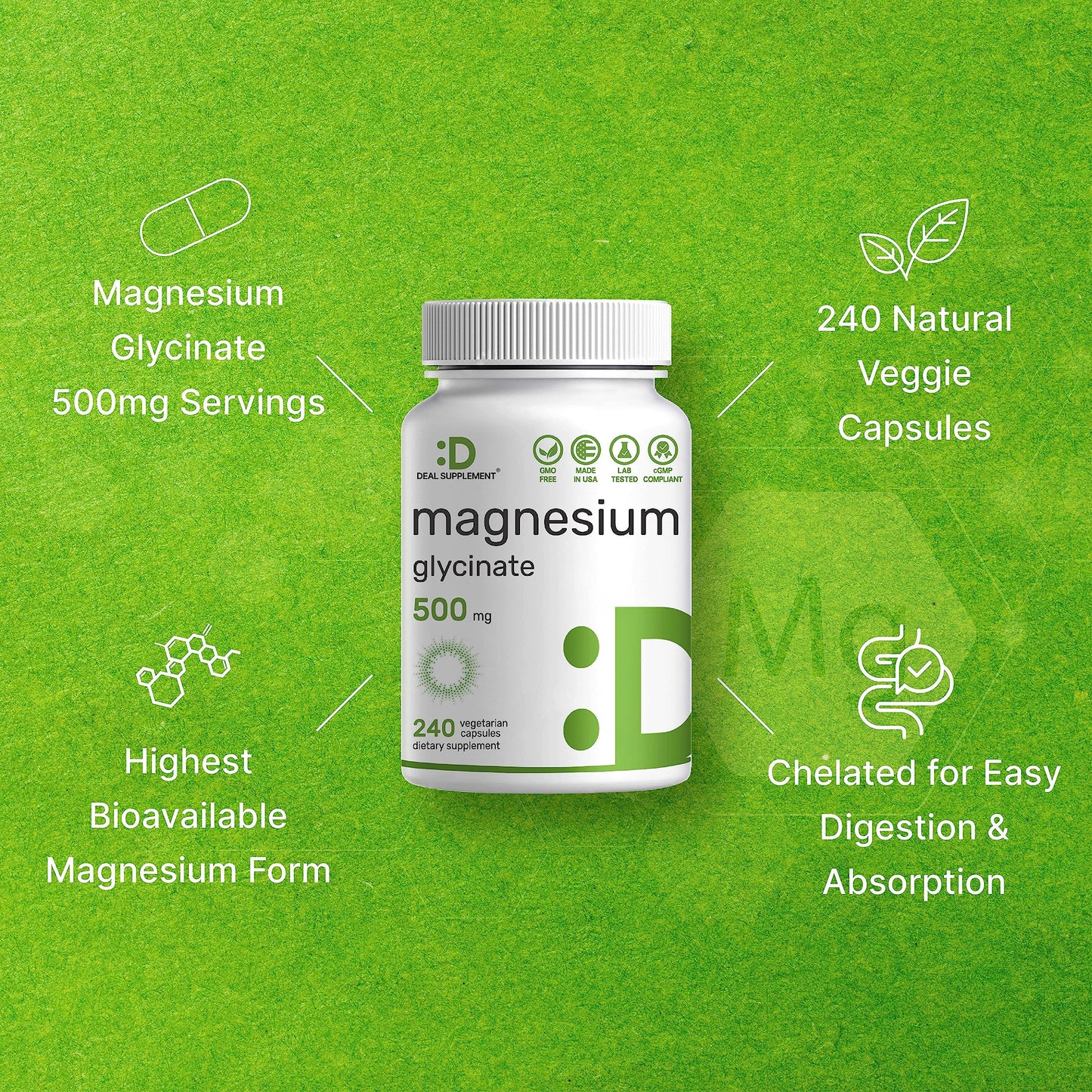 DEAL SUPPLEMENT Magnesium Glycinate 500mg, 240 Veggie Capsules | Chelated for Easy Absorption | Highly Purified Essential Trace Mineral for Muscle, Joint, Heart, & Digestive Health