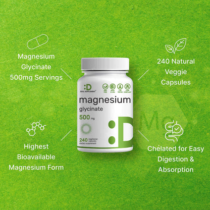 DEAL SUPPLEMENT Magnesium Glycinate 500mg, 240 Veggie Capsules | Chelated for Easy Absorption | Highly Purified Essential Trace Mineral for Muscle, Joint, Heart, & Digestive Health